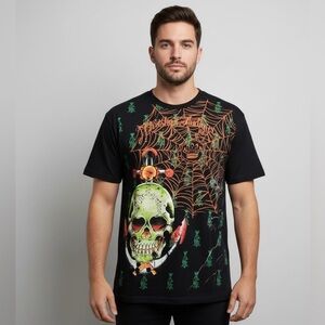 Christian Audigier Los Angeles Spiderweb Skulls Swords Wings Jeweled T Shirt